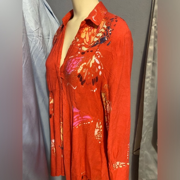 Free People Red Bell Sleeve Tunic with Mandarin Collar - Picture 13 of 13